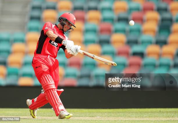 Jake Weatherald of the Redbacks hits a six during the JLT One Day Cup match between South Australia and Victoria at Blundstone Arena on October 19,...