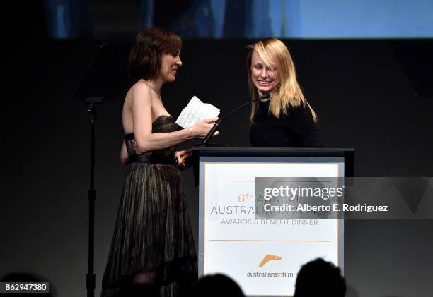 Alethea Jones and Kitty Green speak onstage at the 6th Annual Australians in Film Award & Benefit Dinner at NeueHouse Hollywood on October 18, 2017...