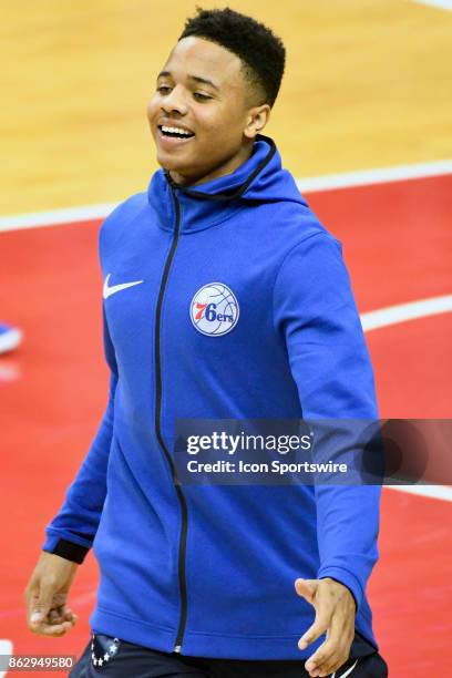 Philadelphia 76ers guard Markelle Fultz warms up on October 18, 2017 at the Capital One Arena in Washington, D.C. The Washington Wizards defeated the...