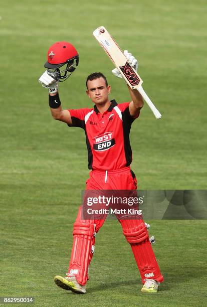 Jake Weatherald of the Redbacks celebrates and acknowledges the crowd after scoring a century during the JLT One Day Cup match between South...