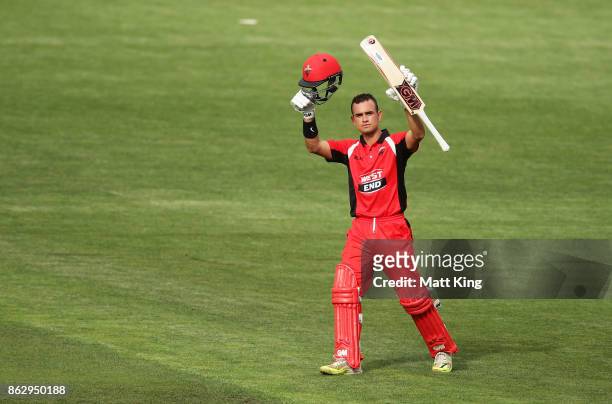 Jake Weatherald of the Redbacks celebrates and acknowledges the crowd after scoring a century during the JLT One Day Cup match between South...