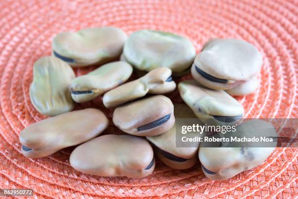 Fava beans close up.They are also known as the broad bean, faba bean, field bean, bell bean, or tic bean. They belong to the Fabaceae family and are...