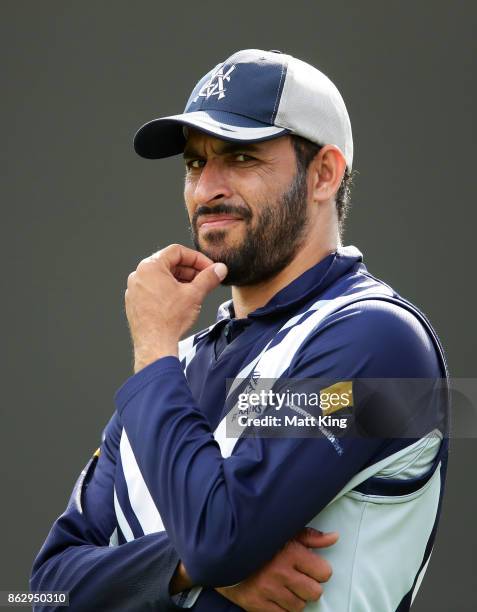 Fawad Ahmed of the Bushrangers looks on during the JLT One Day Cup match between South Australia and Victoria at Blundstone Arena on October 19, 2017...