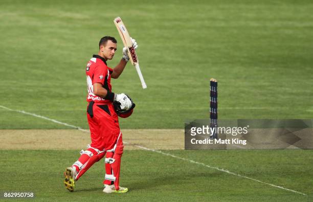 Jake Weatherald of the Redbacks celebrates and acknowledges the crowd after scoring a century during the JLT One Day Cup match between South...