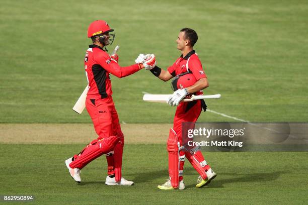 Jake Weatherald of the Redbacks celebrates with Alex Carey after scoring a century during the JLT One Day Cup match between South Australia and...