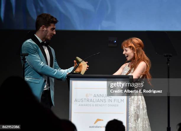 Stef Dawson speaks onstage at the 6th Annual Australians in Film Award & Benefit Dinner at NeueHouse Hollywood on October 18, 2017 in Los Angeles,...