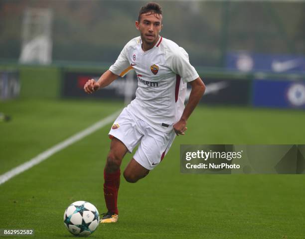 Riccardo Cappa of AS Roma Under 19s during UEFA YouthLeague match between Chelsea Under 19s against AS Roma Under 19s at Cobham Training Ground...