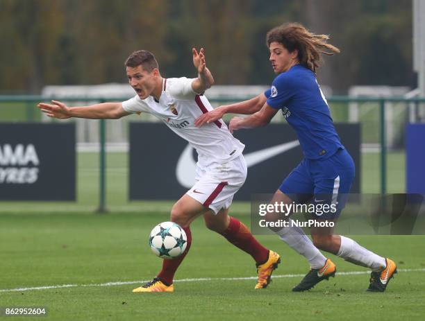 Zan Celar of AS Roma Under 19s and Ethan Ampadu of Chelsea Under 19s during UEFA Youth League match between Chelsea Under 19s against AS Roma Under...