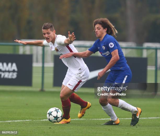 Zan Celar of AS Roma Under 19s and Ethan Ampadu of Chelsea Under 19s during UEFA Youth League match between Chelsea Under 19s against AS Roma Under...