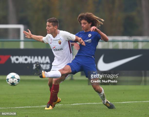 Zan Celar of AS Roma Under 19s and Ethan Ampadu of Chelsea Under 19s during UEFA Youth League match between Chelsea Under 19s against AS Roma Under...