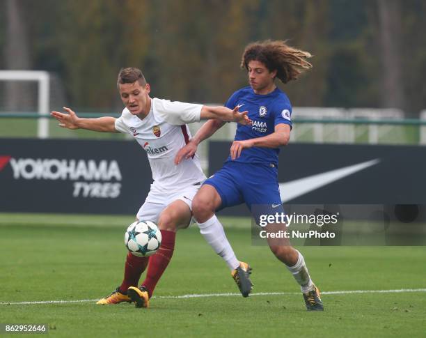 Zan Celar of AS Roma Under 19s and Ethan Ampadu of Chelsea Under 19s during UEFA Youth League match between Chelsea Under 19s against AS Roma Under...