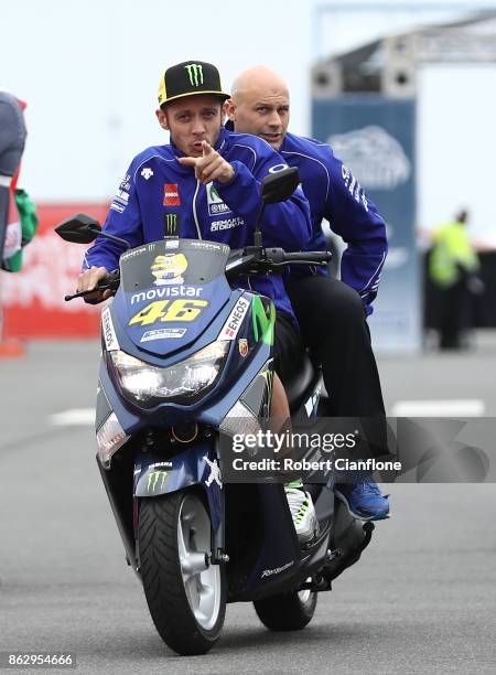 Valentino Rossi of Italy and rider of the MOVISTAR YAMAHA MotoGP Yamaha arrives for a press conference during previews ahead of the 2017 MotoGP of...