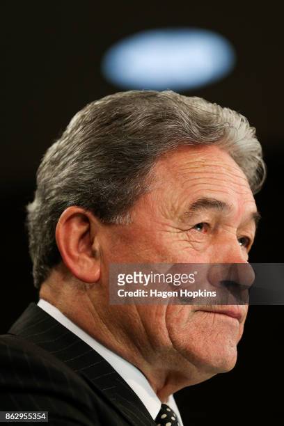 Leader Winston Peters speaks to media during a NZ First announcement at Parliament on October 19, 2017 in Wellington, New Zealand. After weeks of...