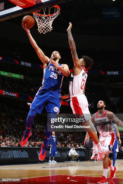 Ben Simmons of the Philadelphia 76ers drives to the basket during the 2017-18 regular season game against the Washington Wizards on October 18, 2017...