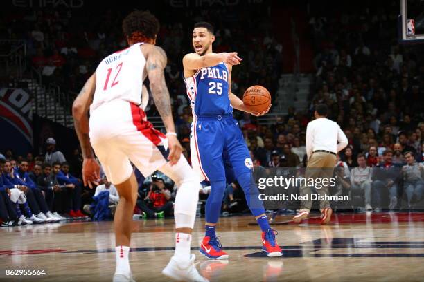 Ben Simmons of the Philadelphia 76ers handles the ball during the 2017-18 regular season game against the Washington Wizards on October 18, 2017 at...