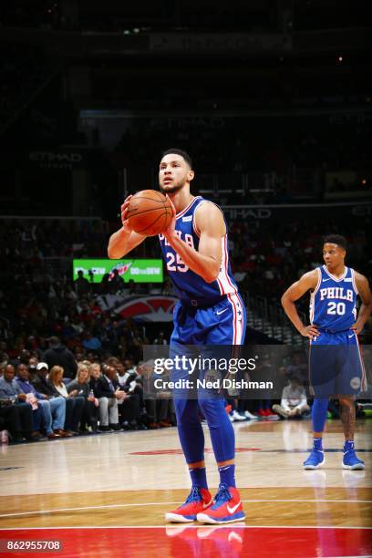 Ben Simmons of the Philadelphia 76ers shoots the ball during the 2017-18 regular season game against the Washington Wizards on October 18, 2017 at...