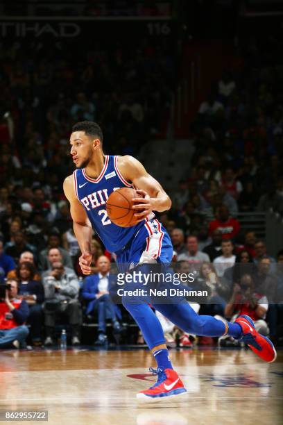 Ben Simmons of the Philadelphia 76ers handles the ball during the 2017-18 regular season game against the Washington Wizards on October 18, 2017 at...