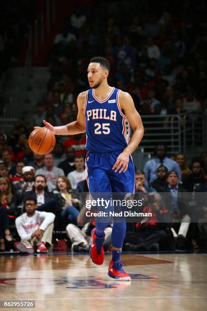 Ben Simmons of the Philadelphia 76ers handles the ball during the 2017-18 regular season game against the Washington Wizards on October 18, 2017 at...