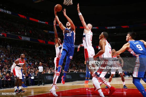 Ben Simmons of the Philadelphia 76ers drives to the basket during the 2017-18 regular season game against the Washington Wizards on October 18, 2017...