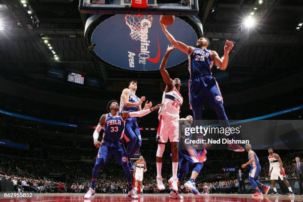 Ben Simmons of the Philadelphia 76ers drives to the basket during the 2017-18 regular season game against the Washington Wizards on October 18, 2017...