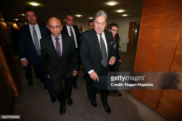 Leader Winston Peters and deputy Ron Mark exit after a NZ First announcement at Parliament on October 19, 2017 in Wellington, New Zealand. After...