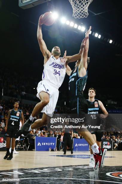 Perry Ellis of the Kings goes up against Kirk Penney of the Breakers during the round three NBL match between the New Zealand Breakers and the Sydney...