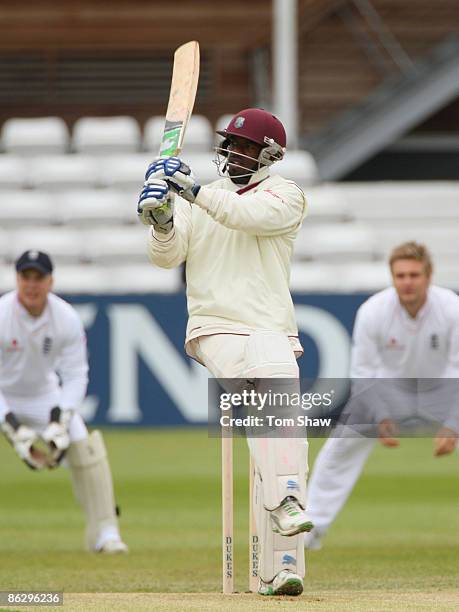 Devon Smith of the West Indies hits out during day one of the Tour match between England Lions and the West Indies on April 30, 2009 in Derby,...