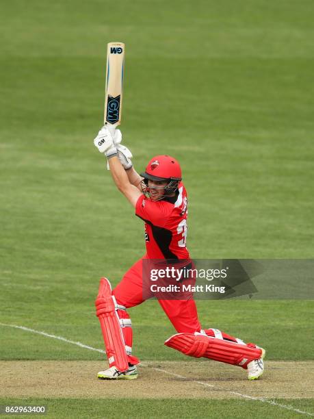 Travis Head of the Redbacks bats during the JLT One Day Cup match between South Australia and Victoria at Blundstone Arena on October 19, 2017 in...