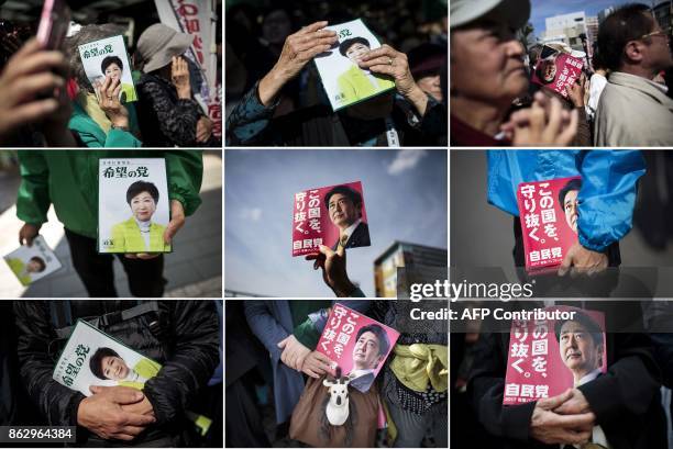 This combination of pictures created on October 19, 2017 shows people holding electoral leaflets of Japan's Prime Minister and ruling Liberal...