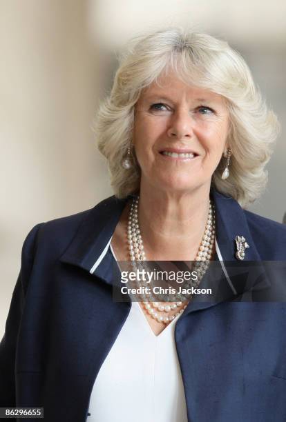 Camilla, Duchess of Cornwall smiles as she arrives at the New Museum on April 30, 2009 in Berlin, Germany. The Prince of Wales and The Duchess of...