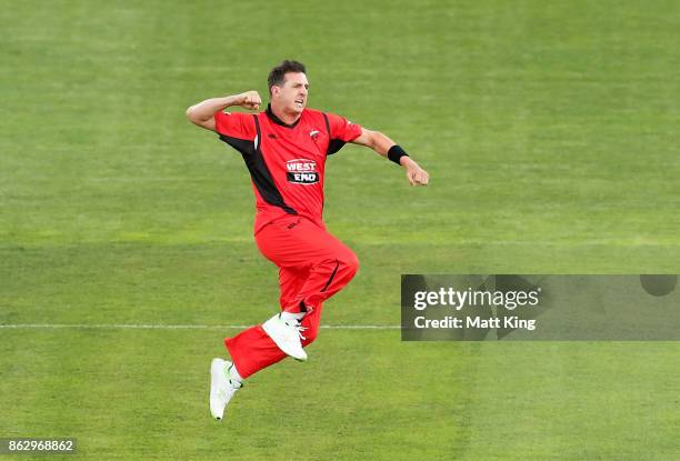 Daniel Worrall of the Redbacks celebrates taking the first wicket of Aaron Finch of the Bushrangers during the JLT One Day Cup match between South...