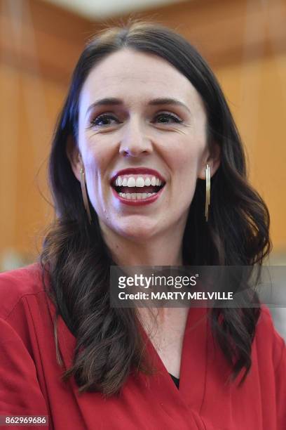 Leader of the Labour party Jacinda Ardern speaks at a press conference at Parliament in Wellington on October 19, 2017. - Outgoing New Zealand Prime...