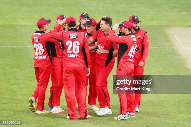 Daniel Worrall of the Redbacks celebrates with team mates after taking the first wicket of Aaron Finch of the Bushrangers during the JLT One Day Cup...