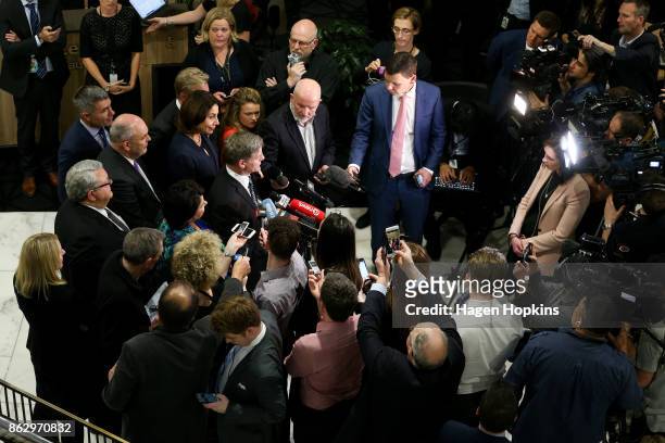 Outgoing Prime Minister Bill English speaks to media during a National Party press conference at Parliament on October 19, 2017 in Wellington, New...