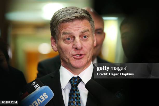 Outgoing Prime Minister Bill English speaks to media during a National Party press conference at Parliament on October 19, 2017 in Wellington, New...