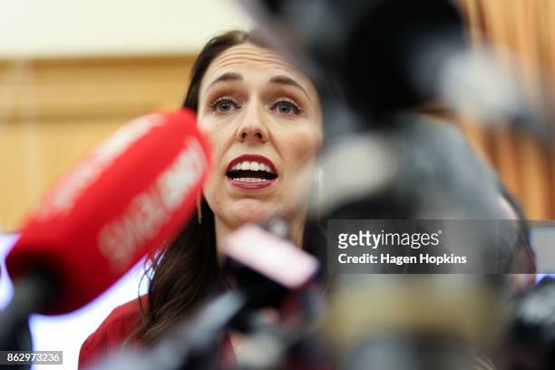 Prime Minister elect Jacinda Ardern speaks during a Labour Party announcement with Grant Robertson and Kelvin Davis at Parliament on October 19, 2017...