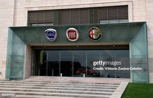 The symbols of Lancia, Fiat and Alfa Romeo are displayed on April 29, 2009 in Turin, Italy. Automakers Chrysler LLC and Fiat are in discussions for...