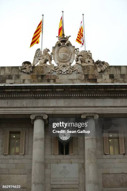 Clock on City Hall of Barcelona shows shortly after 10am on October 19, 2017 in Barcelona, Spain. Catalonia's regional president Carles Puigdemont...