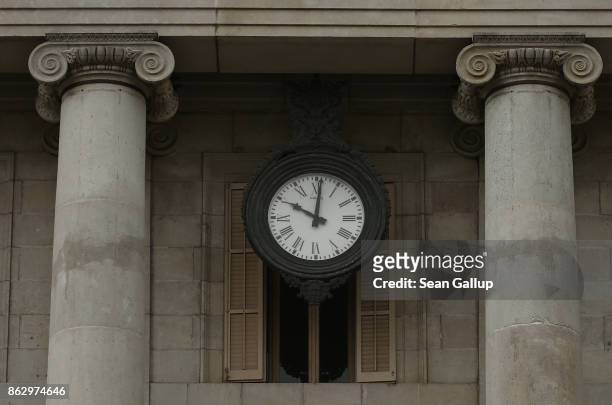 Clock on City Hall of Barcelona shows shortly after 10am on October 19, 2017 in Barcelona, Spain. Catalonia's regional president Carles Puigdemont...