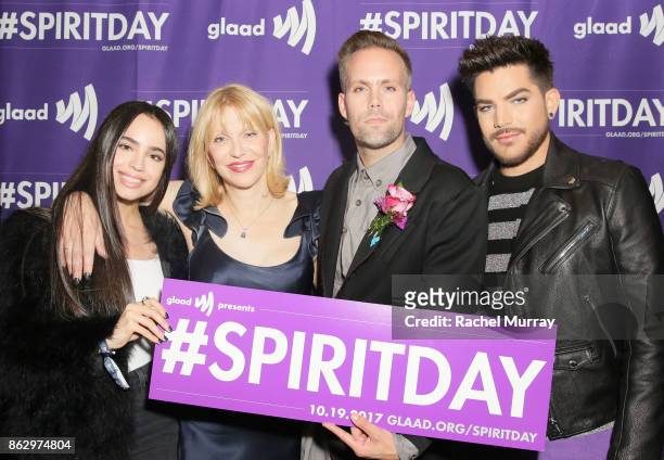 Sofia Carson, Courtney Love, Justin Tranter and Adam Lambert attend the 'Believer' Spirit Day Concert presented by Justin Tranter and GLAAD at...