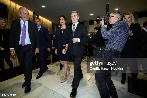 Outgoing Prime Minister Bill English and wife Mary exit after a National Party press conference at Parliament on October 19, 2017 in Wellington, New...