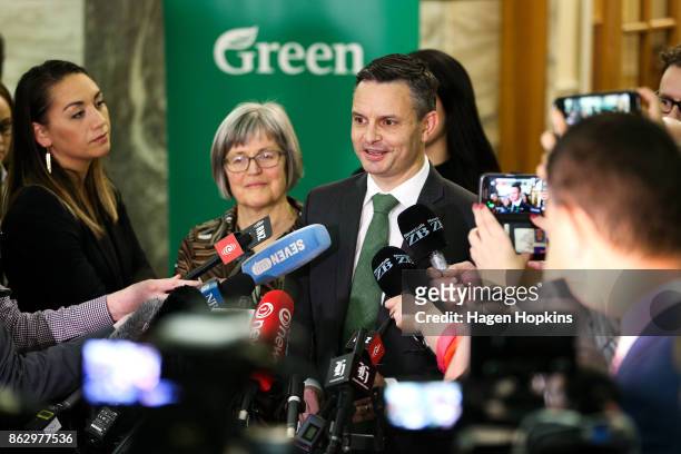 Leader James Shaw speaks during a Green Party press conference at Parliament on October 19, 2017 in Wellington, New Zealand. After weeks of coalition...