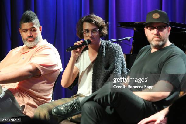Warren "Oak" Felder, Teddy Geiger and busbee speak onstage at Chart Toppers: Songwriters/Producers In-The-Round Featuring Busbee, Dave Bassett,...