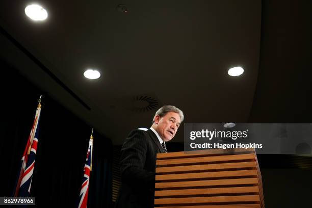 Leader Winston Peters speaks to media during a NZ First announcement at Parliament on October 19, 2017 in Wellington, New Zealand. After weeks of...