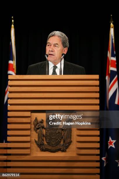 Leader Winston Peters speaks to media during a NZ First announcement at Parliament on October 19, 2017 in Wellington, New Zealand. After weeks of...