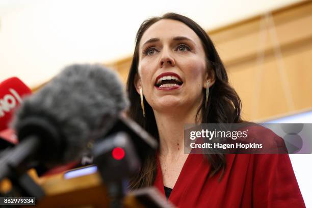 Prime Minister elect Jacinda Ardern speaks during a Labour Party announcement at Parliament on October 19, 2017 in Wellington, New Zealand. After...