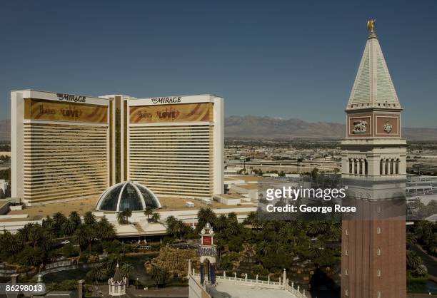 The Mirage Hotel, located on the famed Las Vegas Strip and featuring an erupting volcano, is seen across the street from the Venetian Hotel in this...