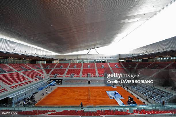 View taken on April 30, 2009 in Madrid of the Magic Box arena by French architect Dominique Perrault, newly built to host the Madrid Combined Tennis...