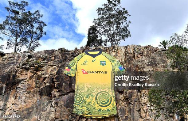 Large Wallabies jersey with an indigenous art design on the front is seen during the Australian Wallabies media opportunity at Kangaroos Point Cliff...