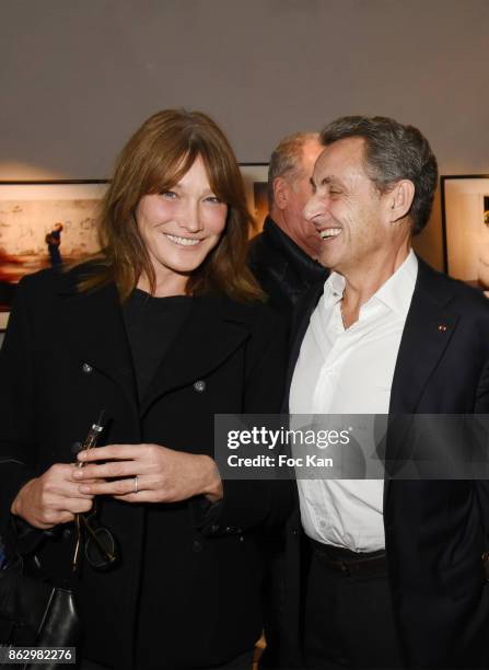 Carla Bruni and Nicolas Sarkozy attend the Simon Bocanegra And Philippe Morillon : Exhibition At la Galerie Du Passage Pierre Passebon on October 18,...